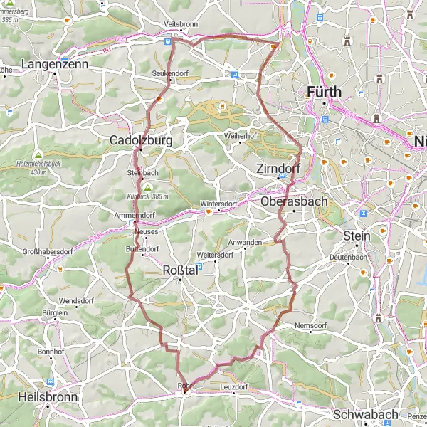 Map miniature of "Explore the Delights of Franconia on a Scenic Gravel Ride" cycling inspiration in Mittelfranken, Germany. Generated by Tarmacs.app cycling route planner