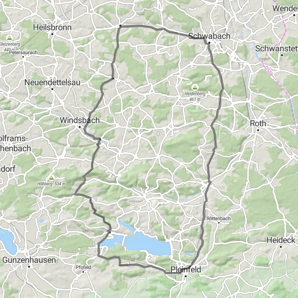 Karten-Miniaturansicht der Radinspiration "Herausfordernde Straßenfahrt durch Bayern" in Mittelfranken, Germany. Erstellt vom Tarmacs.app-Routenplaner für Radtouren