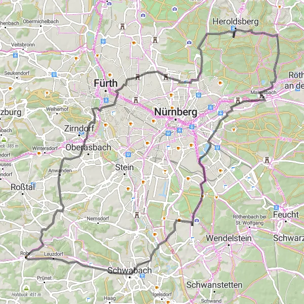 Karten-Miniaturansicht der Radinspiration "Rund um Rohr: Einzigartige Straßenfahrt" in Mittelfranken, Germany. Erstellt vom Tarmacs.app-Routenplaner für Radtouren