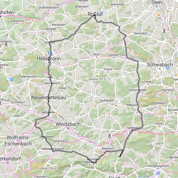 Karten-Miniaturansicht der Radinspiration "Rundtour von Roßtal nach Neuendettelsau" in Mittelfranken, Germany. Erstellt vom Tarmacs.app-Routenplaner für Radtouren