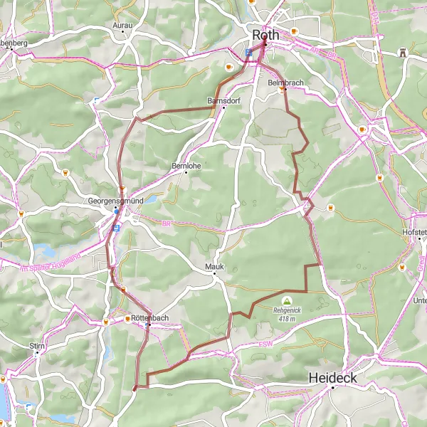 Karten-Miniaturansicht der Radinspiration "Roth - Schloss Ratibor - Kappelstein - Niedermauk - Roth" in Mittelfranken, Germany. Erstellt vom Tarmacs.app-Routenplaner für Radtouren