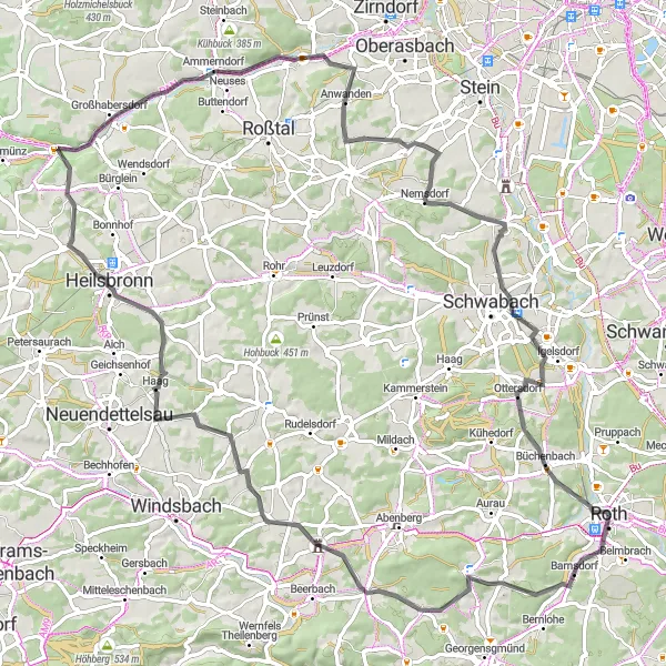 Karten-Miniaturansicht der Radinspiration "Roadbike-Tour um Roth" in Mittelfranken, Germany. Erstellt vom Tarmacs.app-Routenplaner für Radtouren