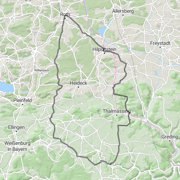 Karten-Miniaturansicht der Radinspiration "Herausfordernde Roadbike-Tour ab Roth" in Mittelfranken, Germany. Erstellt vom Tarmacs.app-Routenplaner für Radtouren