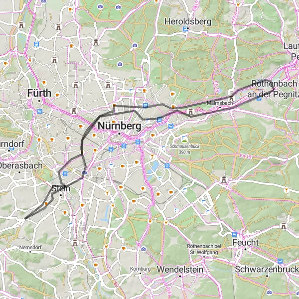 Karten-Miniaturansicht der Radinspiration "Road-Tour durch Mittelfranken" in Mittelfranken, Germany. Erstellt vom Tarmacs.app-Routenplaner für Radtouren