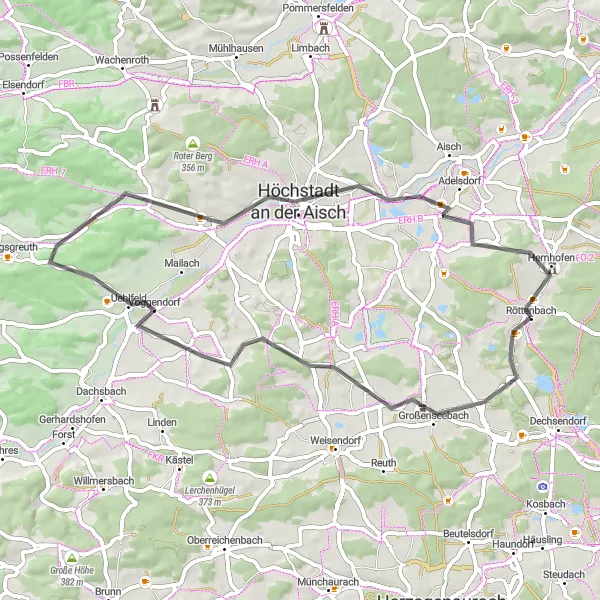 Karten-Miniaturansicht der Radinspiration "Die Hügelrunde von Röttenbach" in Mittelfranken, Germany. Erstellt vom Tarmacs.app-Routenplaner für Radtouren