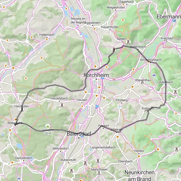 Map miniature of "A Journey through Franconian Villages" cycling inspiration in Mittelfranken, Germany. Generated by Tarmacs.app cycling route planner