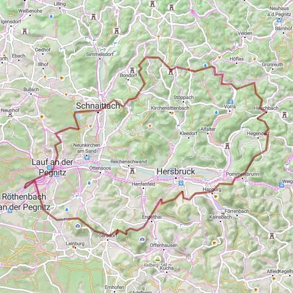 Map miniature of "Ultimate Gravel Challenge: Rutschen and Happurg" cycling inspiration in Mittelfranken, Germany. Generated by Tarmacs.app cycling route planner
