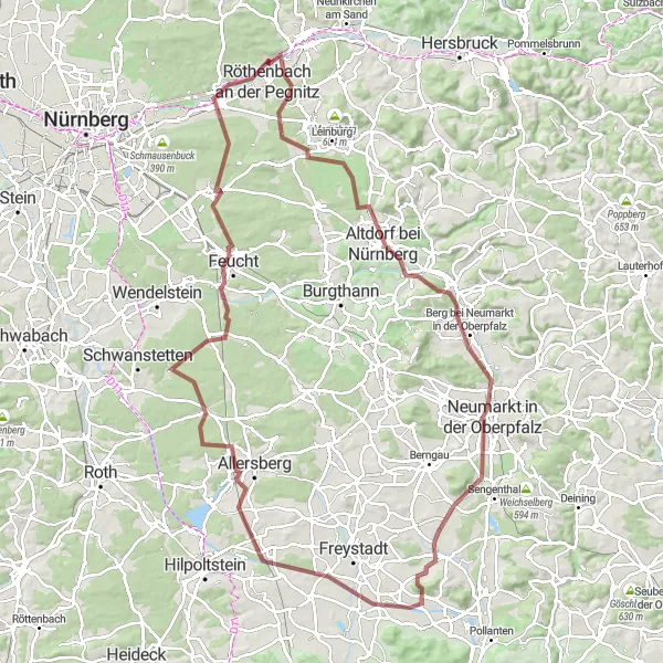 Map miniature of "Epic Off-Road Expedition to Neumarkt and Eulenhof" cycling inspiration in Mittelfranken, Germany. Generated by Tarmacs.app cycling route planner