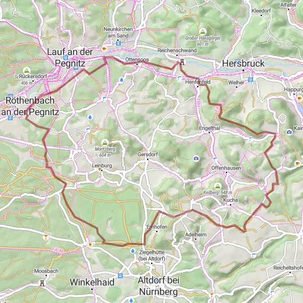 Map miniature of "Rückersdorf - Lauf an der Pegnitz - Henfenfeld - Reschenberg - Raschbach - Forsthaus - Grünthal - Rückersdorf" cycling inspiration in Mittelfranken, Germany. Generated by Tarmacs.app cycling route planner