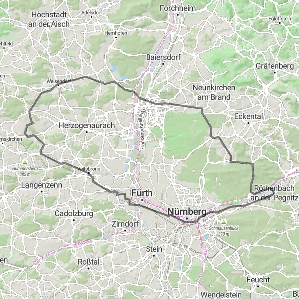 Karten-Miniaturansicht der Radinspiration "Tour durch die Fränkische Schweiz" in Mittelfranken, Germany. Erstellt vom Tarmacs.app-Routenplaner für Radtouren