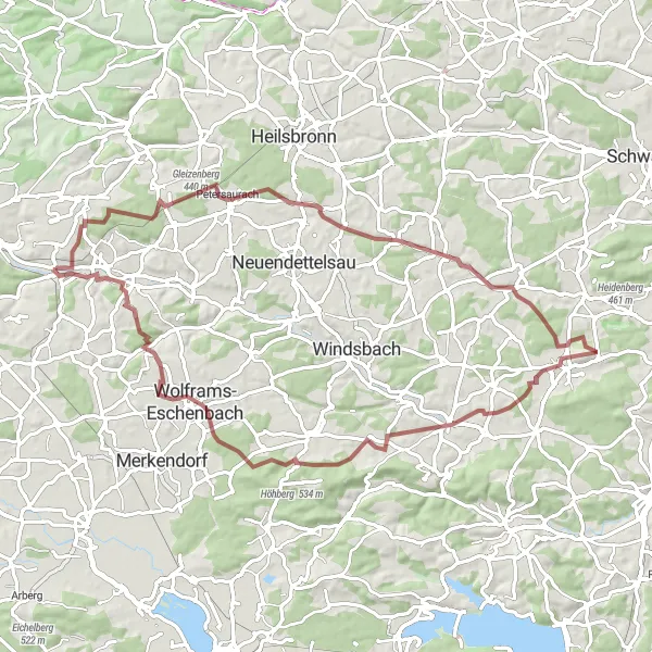 Map miniature of "Gravel Adventure in Ansbach" cycling inspiration in Mittelfranken, Germany. Generated by Tarmacs.app cycling route planner