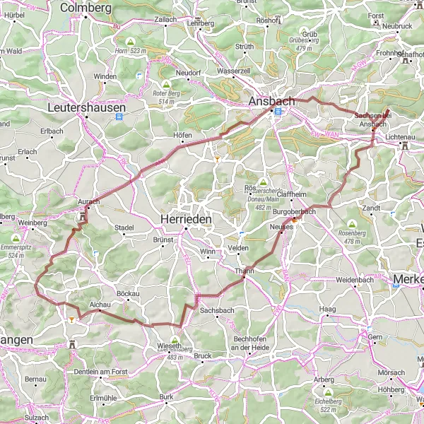 Map miniature of "Gravel Route: Sachsen bei Ansbach to Hausberg" cycling inspiration in Mittelfranken, Germany. Generated by Tarmacs.app cycling route planner
