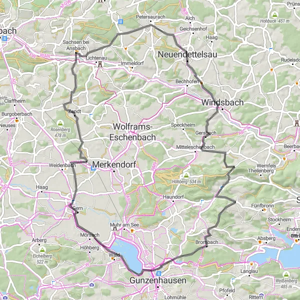 Map miniature of "Windsbach and Gunzenhausen Loop" cycling inspiration in Mittelfranken, Germany. Generated by Tarmacs.app cycling route planner