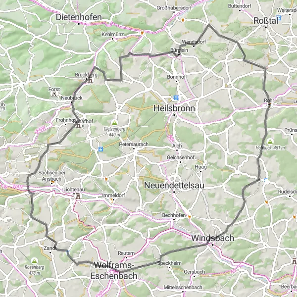 Karten-Miniaturansicht der Radinspiration "Vestenberg und Wolframs-Eschenbach Road Tour" in Mittelfranken, Germany. Erstellt vom Tarmacs.app-Routenplaner für Radtouren