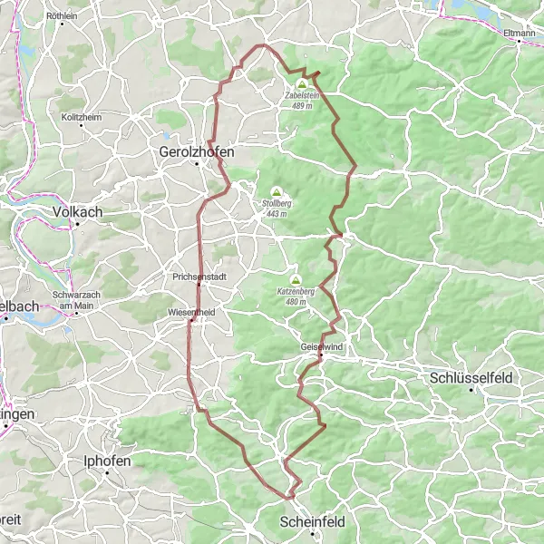 Karten-Miniaturansicht der Radinspiration "Geusfeld und Krähenhügel Erlebnistour" in Mittelfranken, Germany. Erstellt vom Tarmacs.app-Routenplaner für Radtouren