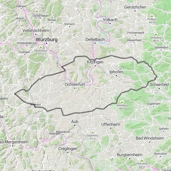 Karten-Miniaturansicht der Radinspiration "Weinberge und Kitzingen" in Mittelfranken, Germany. Erstellt vom Tarmacs.app-Routenplaner für Radtouren