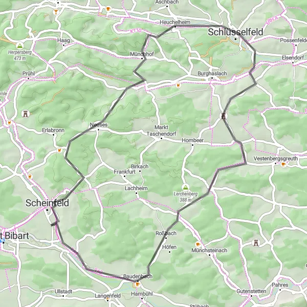 Karten-Miniaturansicht der Radinspiration "Scheinfeld und Unterlaimbach Rundfahrt" in Mittelfranken, Germany. Erstellt vom Tarmacs.app-Routenplaner für Radtouren