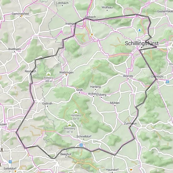 Karten-Miniaturansicht der Radinspiration "Straßentour durch Mittelfranken" in Mittelfranken, Germany. Erstellt vom Tarmacs.app-Routenplaner für Radtouren