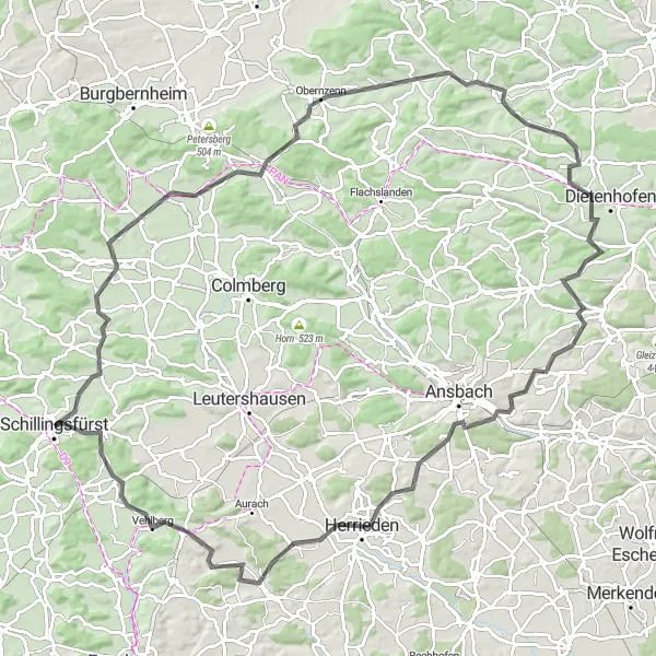 Karten-Miniaturansicht der Radinspiration "Road-Tour durch die Hügel Mittelfrankens" in Mittelfranken, Germany. Erstellt vom Tarmacs.app-Routenplaner für Radtouren