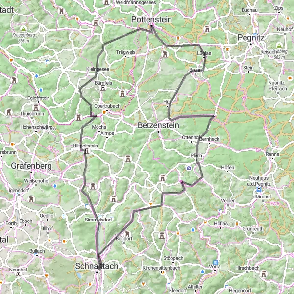 Karten-Miniaturansicht der Radinspiration "Radtour durch die Fränkische Schweiz" in Mittelfranken, Germany. Erstellt vom Tarmacs.app-Routenplaner für Radtouren