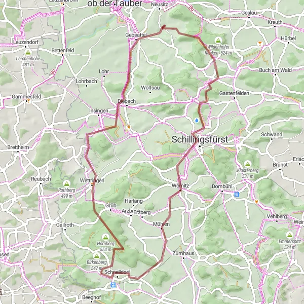 Map miniature of "Gravel Exploration of Schoellnach" cycling inspiration in Mittelfranken, Germany. Generated by Tarmacs.app cycling route planner