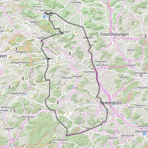 Map miniature of "Scenic Road Route to Larrieden and Wört" cycling inspiration in Mittelfranken, Germany. Generated by Tarmacs.app cycling route planner
