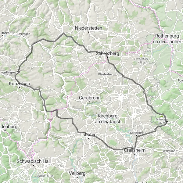 Map miniature of "Schnelldorf to Crailsheim Loop" cycling inspiration in Mittelfranken, Germany. Generated by Tarmacs.app cycling route planner