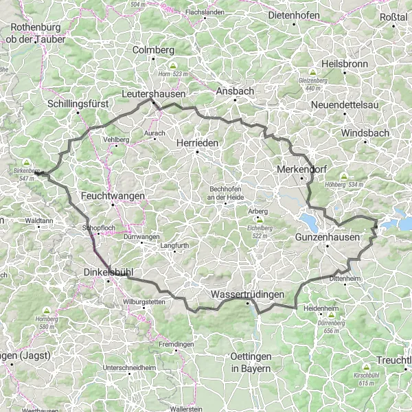 Map miniature of "Adventure by Road to Dinkelsbühl and Muhr am See" cycling inspiration in Mittelfranken, Germany. Generated by Tarmacs.app cycling route planner