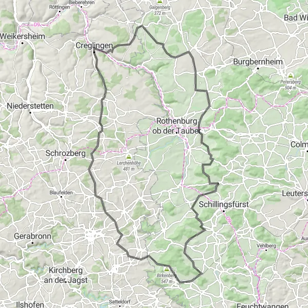 Map miniature of "Challenging Road Ride to Creglingen and Steinsfeld" cycling inspiration in Mittelfranken, Germany. Generated by Tarmacs.app cycling route planner