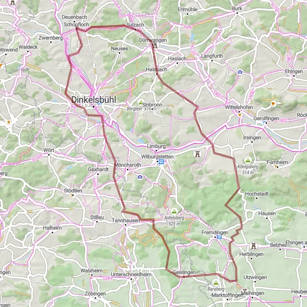 Map miniature of "Dürrwangen and Seidelsdorf Gravel Adventure" cycling inspiration in Mittelfranken, Germany. Generated by Tarmacs.app cycling route planner