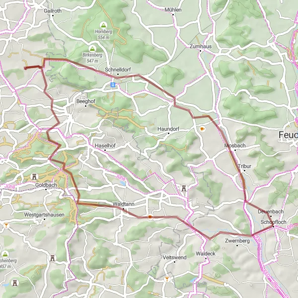 Map miniature of "Weidelbach and Larrieden Gravel Challenge" cycling inspiration in Mittelfranken, Germany. Generated by Tarmacs.app cycling route planner