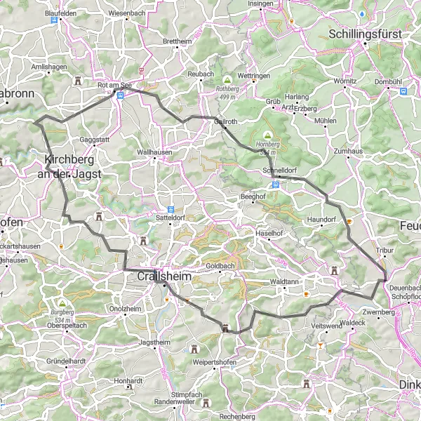 Karten-Miniaturansicht der Radinspiration "Schopfloch und Umgebung erkunden" in Mittelfranken, Germany. Erstellt vom Tarmacs.app-Routenplaner für Radtouren