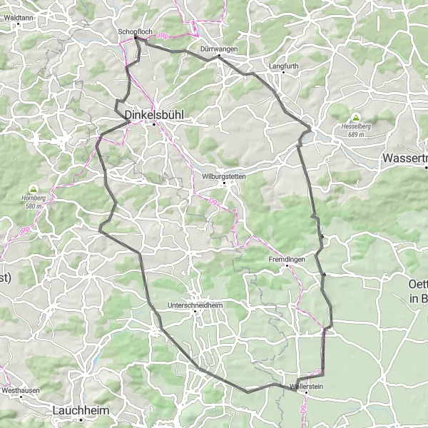 Karten-Miniaturansicht der Radinspiration "Haupt- und Nebenstraßen rund um Schopfloch" in Mittelfranken, Germany. Erstellt vom Tarmacs.app-Routenplaner für Radtouren