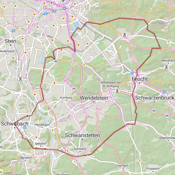 Karten-Miniaturansicht der Radinspiration "Abenteuerliche Fahrt nach Rednitzhembach" in Mittelfranken, Germany. Erstellt vom Tarmacs.app-Routenplaner für Radtouren