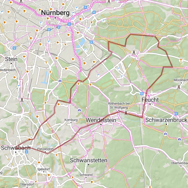 Karten-Miniaturansicht der Radinspiration "Auf den Spuren von Wendelstein und Langwasser" in Mittelfranken, Germany. Erstellt vom Tarmacs.app-Routenplaner für Radtouren