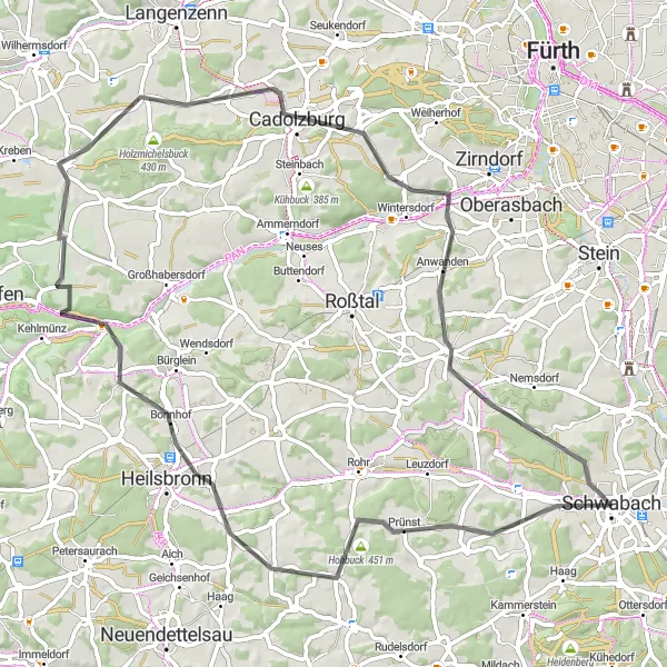 Karten-Miniaturansicht der Radinspiration "Hinterberg und Leichendorf Rundkurs" in Mittelfranken, Germany. Erstellt vom Tarmacs.app-Routenplaner für Radtouren