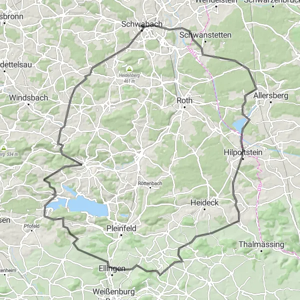Karten-Miniaturansicht der Radinspiration "Mittelhembach und die Teufelsmauer" in Mittelfranken, Germany. Erstellt vom Tarmacs.app-Routenplaner für Radtouren
