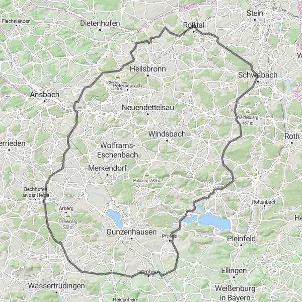 Karten-Miniaturansicht der Radinspiration "Kammerstein und Roßtal Rundstrecke" in Mittelfranken, Germany. Erstellt vom Tarmacs.app-Routenplaner für Radtouren