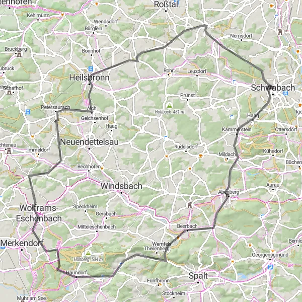 Karten-Miniaturansicht der Radinspiration "Buchschwabach und Rotenberg Rundtour" in Mittelfranken, Germany. Erstellt vom Tarmacs.app-Routenplaner für Radtouren