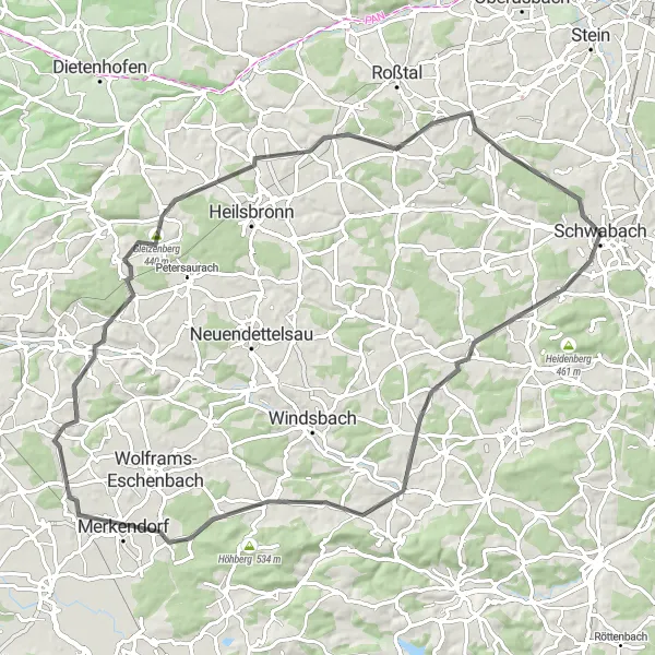 Karten-Miniaturansicht der Radinspiration "Kammerstein und Lichtenau Rundtour" in Mittelfranken, Germany. Erstellt vom Tarmacs.app-Routenplaner für Radtouren