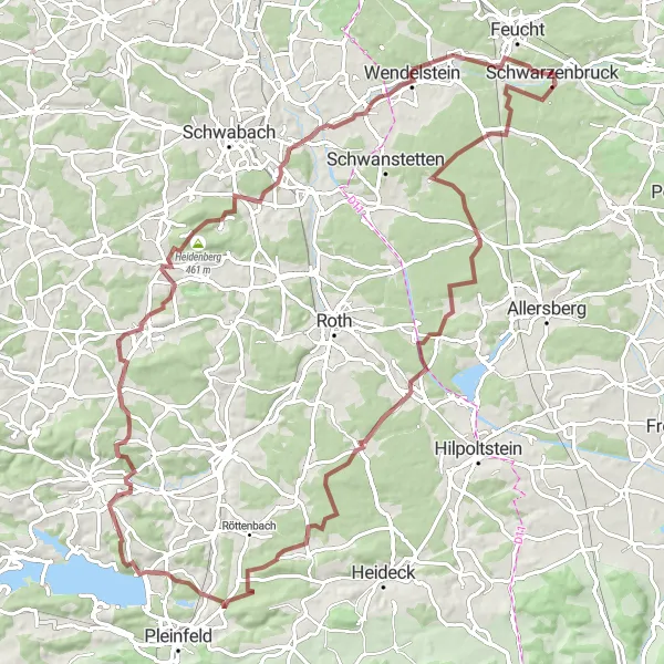 Karten-Miniaturansicht der Radinspiration "Gravel-Abenteuer in der Natur" in Mittelfranken, Germany. Erstellt vom Tarmacs.app-Routenplaner für Radtouren