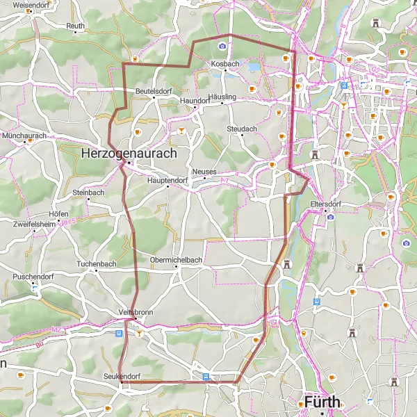 Map miniature of "Gravel Adventure in Herzogenaurach" cycling inspiration in Mittelfranken, Germany. Generated by Tarmacs.app cycling route planner