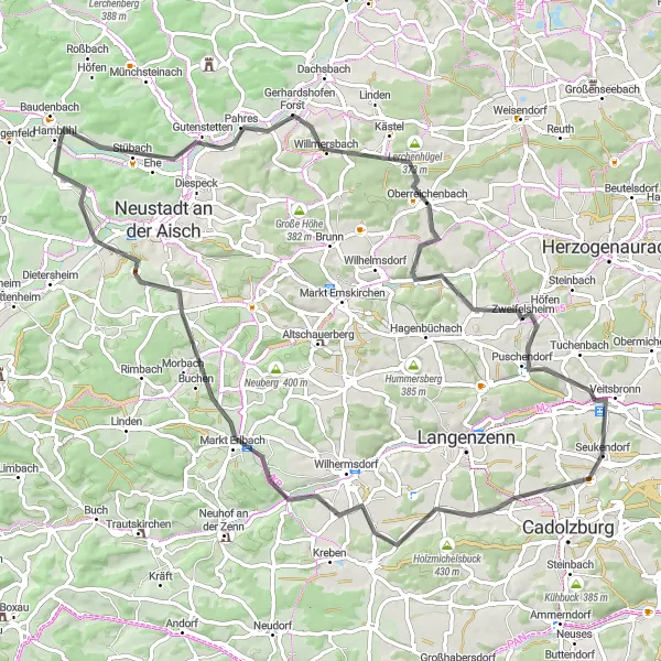 Karten-Miniaturansicht der Radinspiration "Radtour durch die Natur um Seukendorf" in Mittelfranken, Germany. Erstellt vom Tarmacs.app-Routenplaner für Radtouren