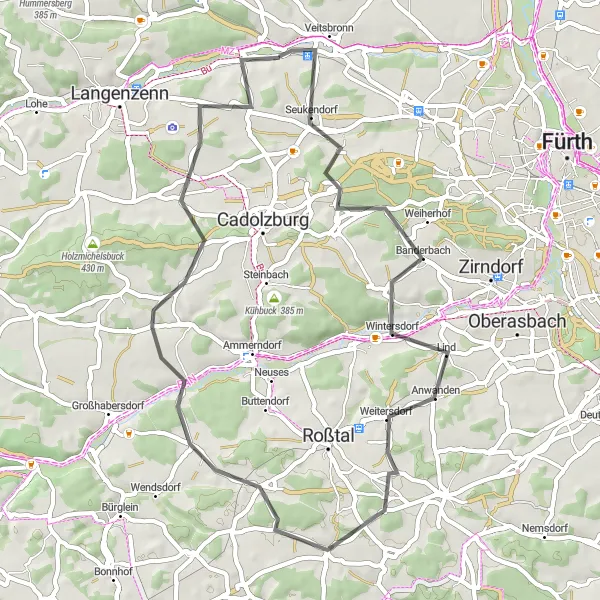 Map miniature of "Road Route to Wintersdorf" cycling inspiration in Mittelfranken, Germany. Generated by Tarmacs.app cycling route planner