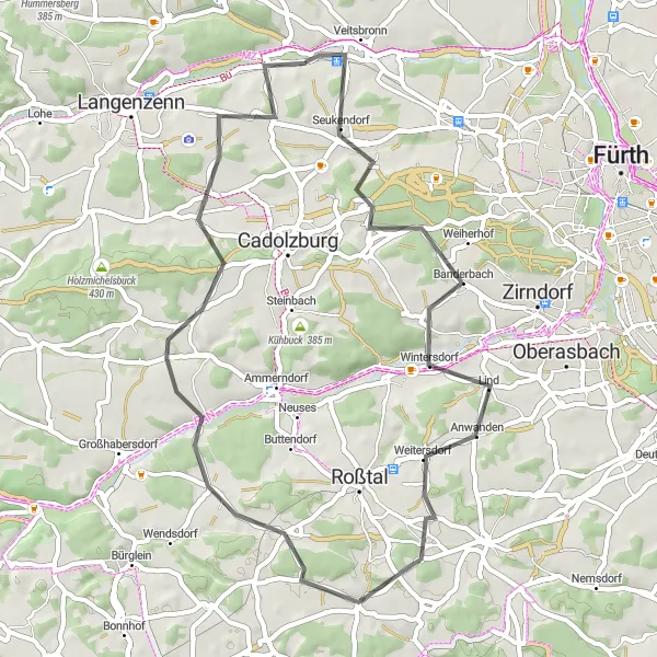 Karten-Miniaturansicht der Radinspiration "Rund um Seukendorf - Historische Dörfer und malerische Landschaften" in Mittelfranken, Germany. Erstellt vom Tarmacs.app-Routenplaner für Radtouren