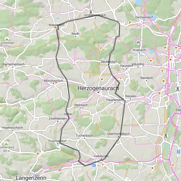 Map miniature of "Puschendorf Road Trip" cycling inspiration in Mittelfranken, Germany. Generated by Tarmacs.app cycling route planner