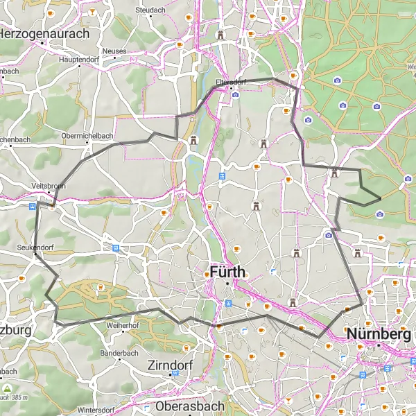 Map miniature of "Road Route to Obermichelbach" cycling inspiration in Mittelfranken, Germany. Generated by Tarmacs.app cycling route planner