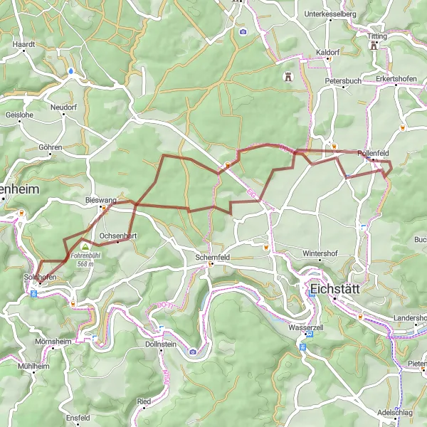 Map miniature of "Solnhofen Gravel Adventure" cycling inspiration in Mittelfranken, Germany. Generated by Tarmacs.app cycling route planner