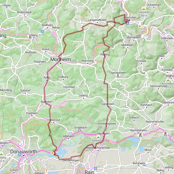 Karten-Miniaturansicht der Radinspiration "Gravelabenteuer um Monheim" in Mittelfranken, Germany. Erstellt vom Tarmacs.app-Routenplaner für Radtouren