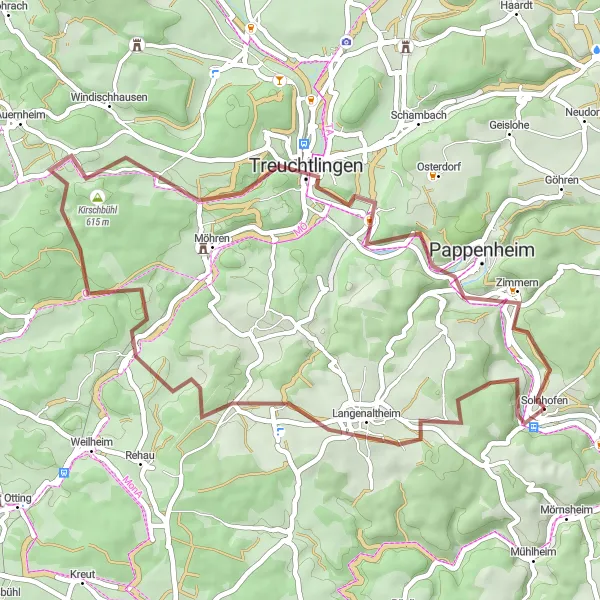 Map miniature of "Solnhofen to Treuchtlingen Gravel Adventure" cycling inspiration in Mittelfranken, Germany. Generated by Tarmacs.app cycling route planner